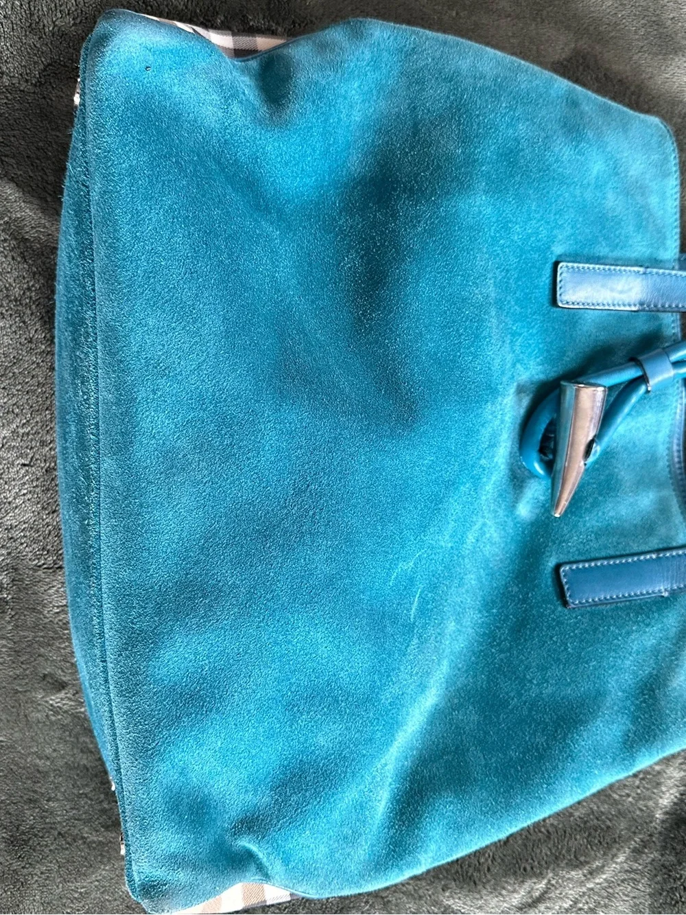 AUTHENTIC Burberry Teal Suede Tote Bag with Leather Trim